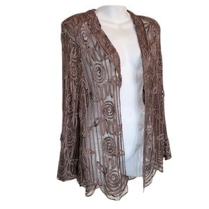 RIBBON & MESH sheer beaded taupe jacket,  intricate floral pattern. L